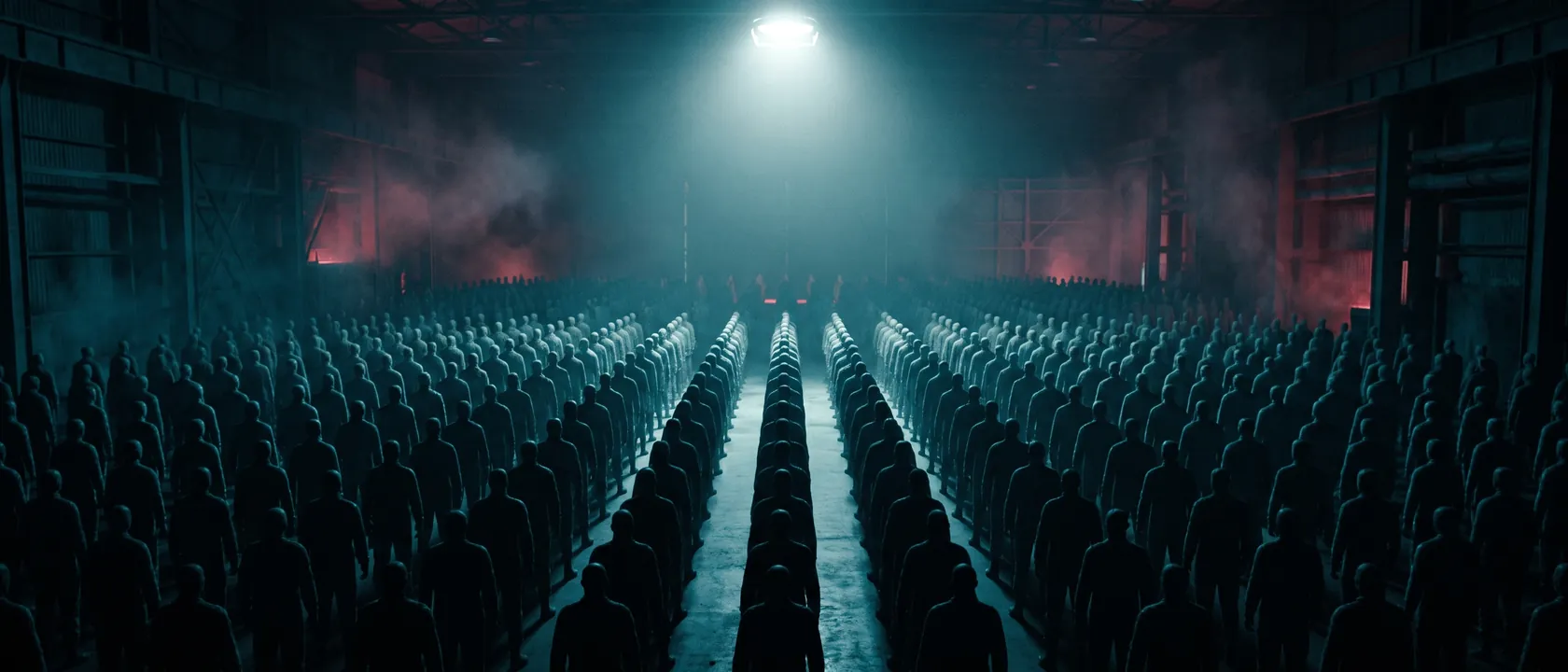 A vast crowd of identical faceless figures standing in formation under a single overhead light