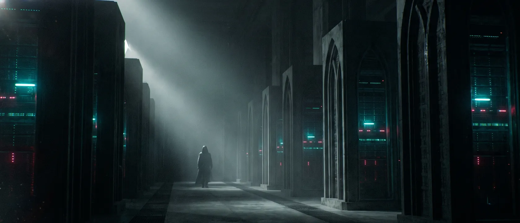 A lone faceless figure dwarfed before an immense wall of glowing surveillance monitors