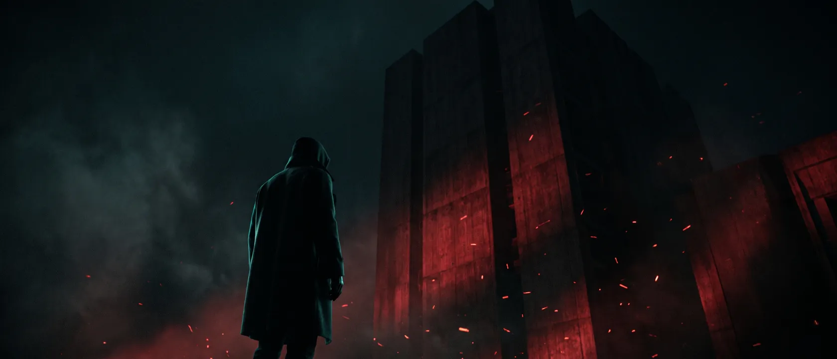 A single defiant faceless silhouette facing a towering brutalist authority structure in crimson light