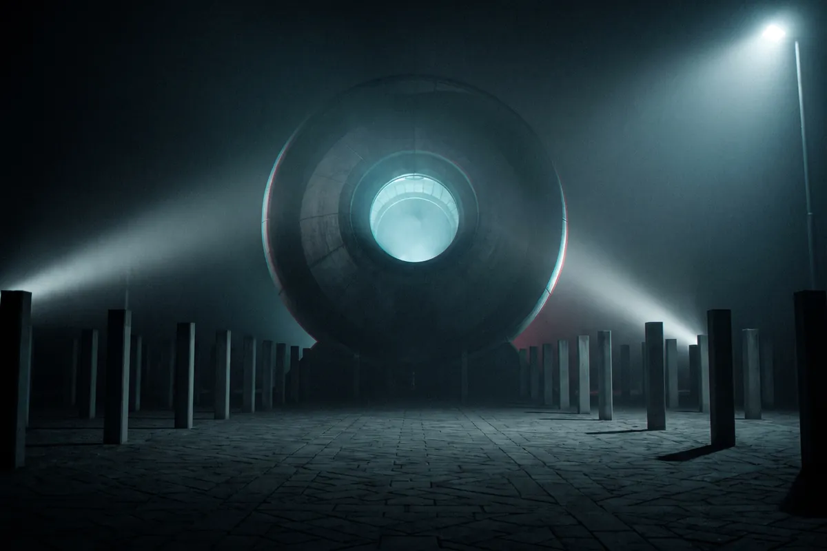 Cinematic illustration of a surveillance watchtower over an empty regimented plaza