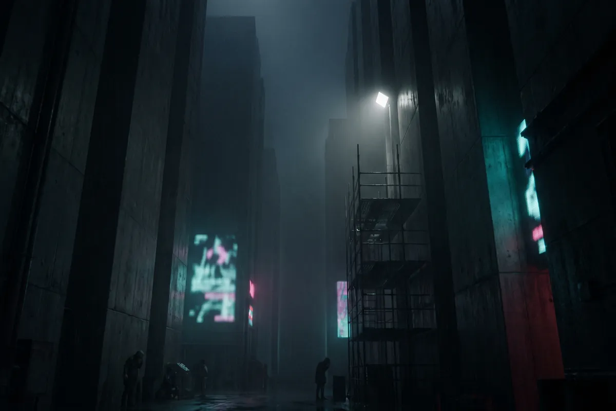 Cinematic illustration of an oppressive corporate megacity canyon at night