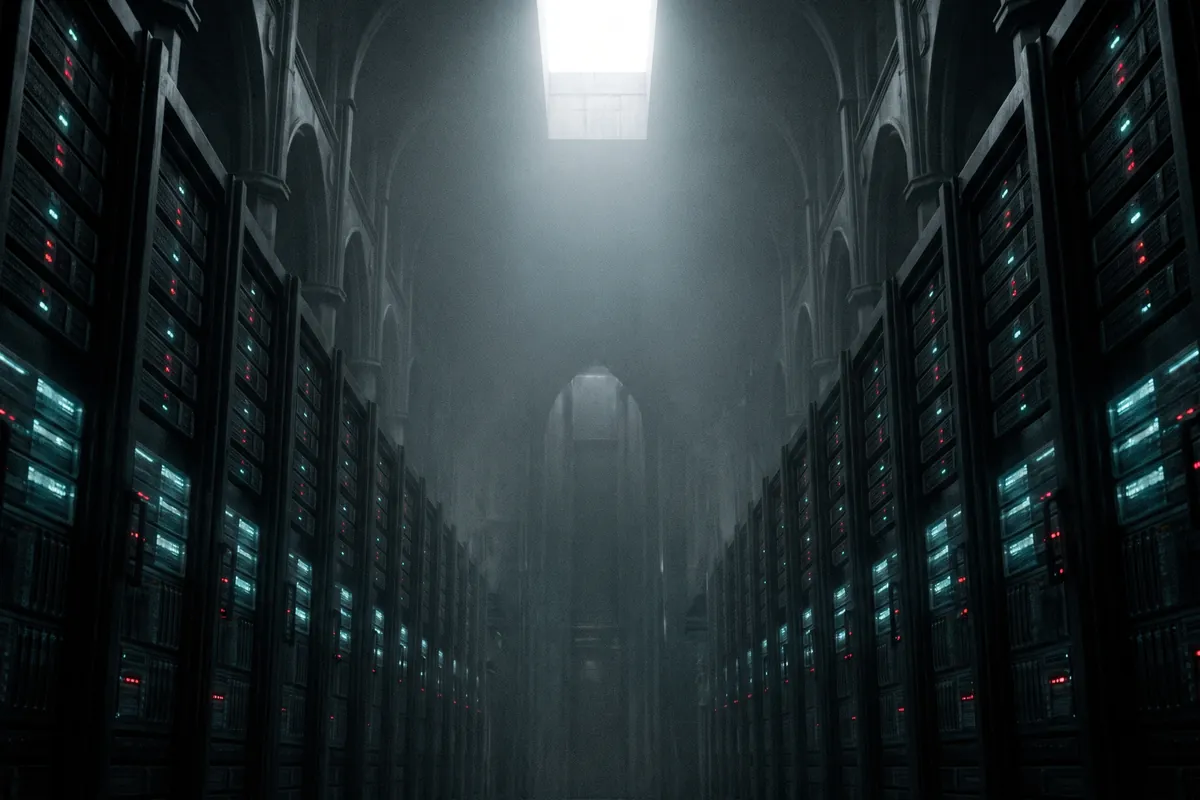 Cinematic illustration of an endless server hall representing algorithmic control
