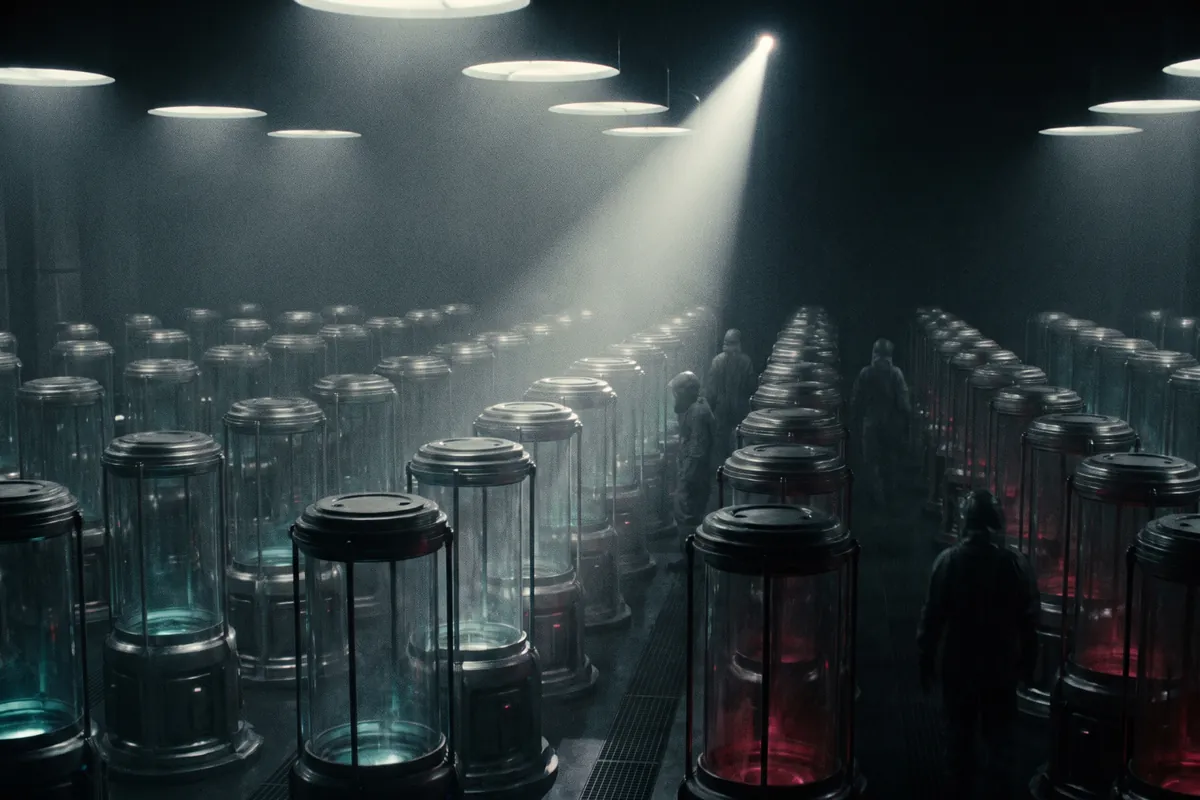 Cinematic illustration of identical growth pods in a sterile biotech laboratory