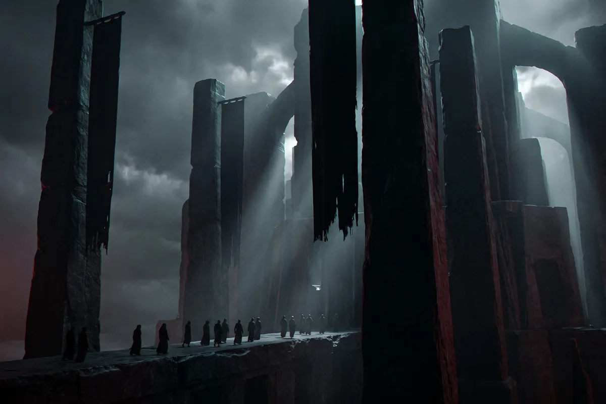 Cinematic illustration of a monolithic temple-state monument and faceless procession