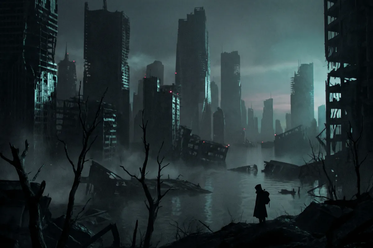 Cinematic illustration of a ruined ash-choked post-collapse city